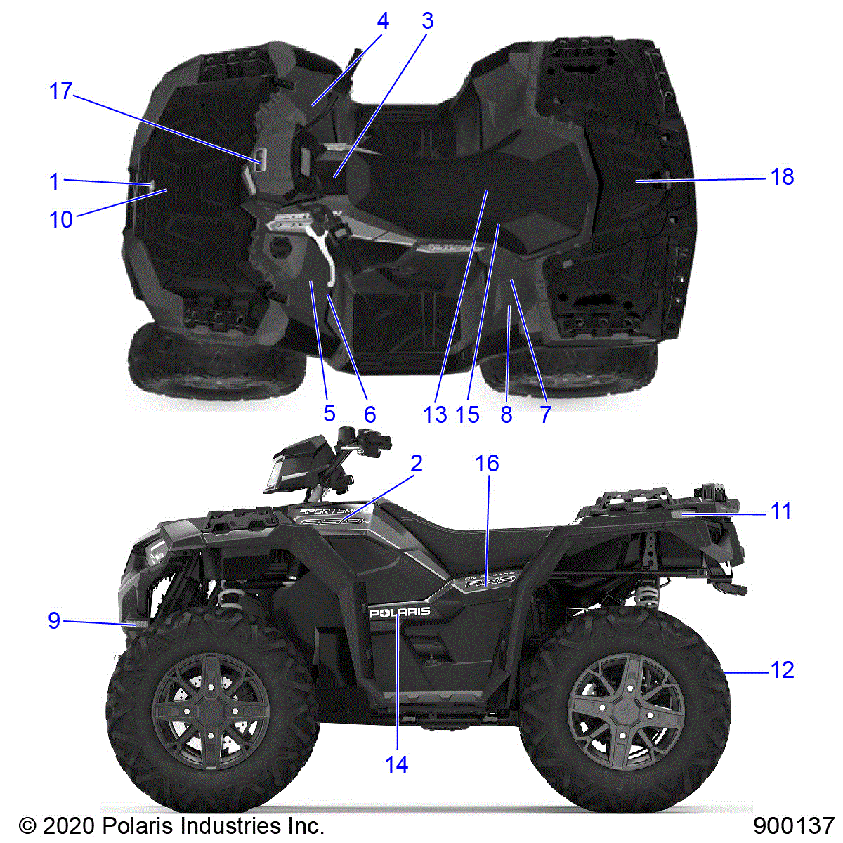An Image of a Genuine Polaris Parts Schematic Diagram showing the schematic - BODY: DECALS - 2020 POLARIS SPORTSMAN 850 48" TRAIL