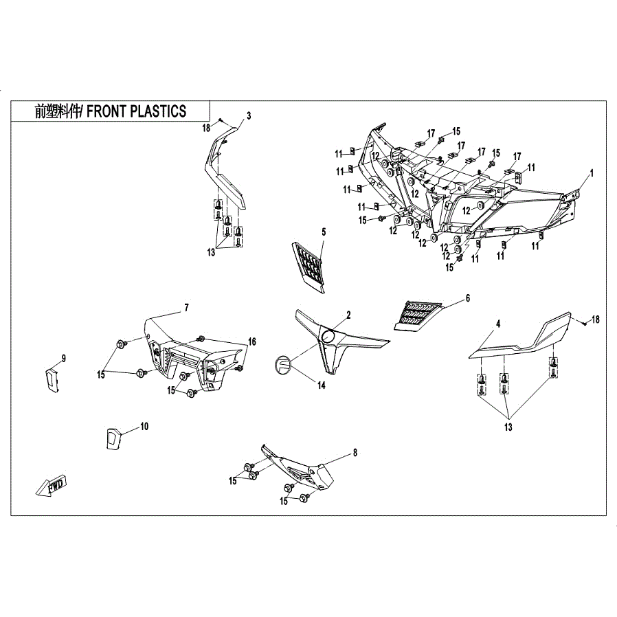 An Image of a genuine CFMOTO Parts Schematic Diagram showing the group - FRONT PLASTICS- NEBULA BLACK - 2019 CFMOTO CFORCE 800 XC