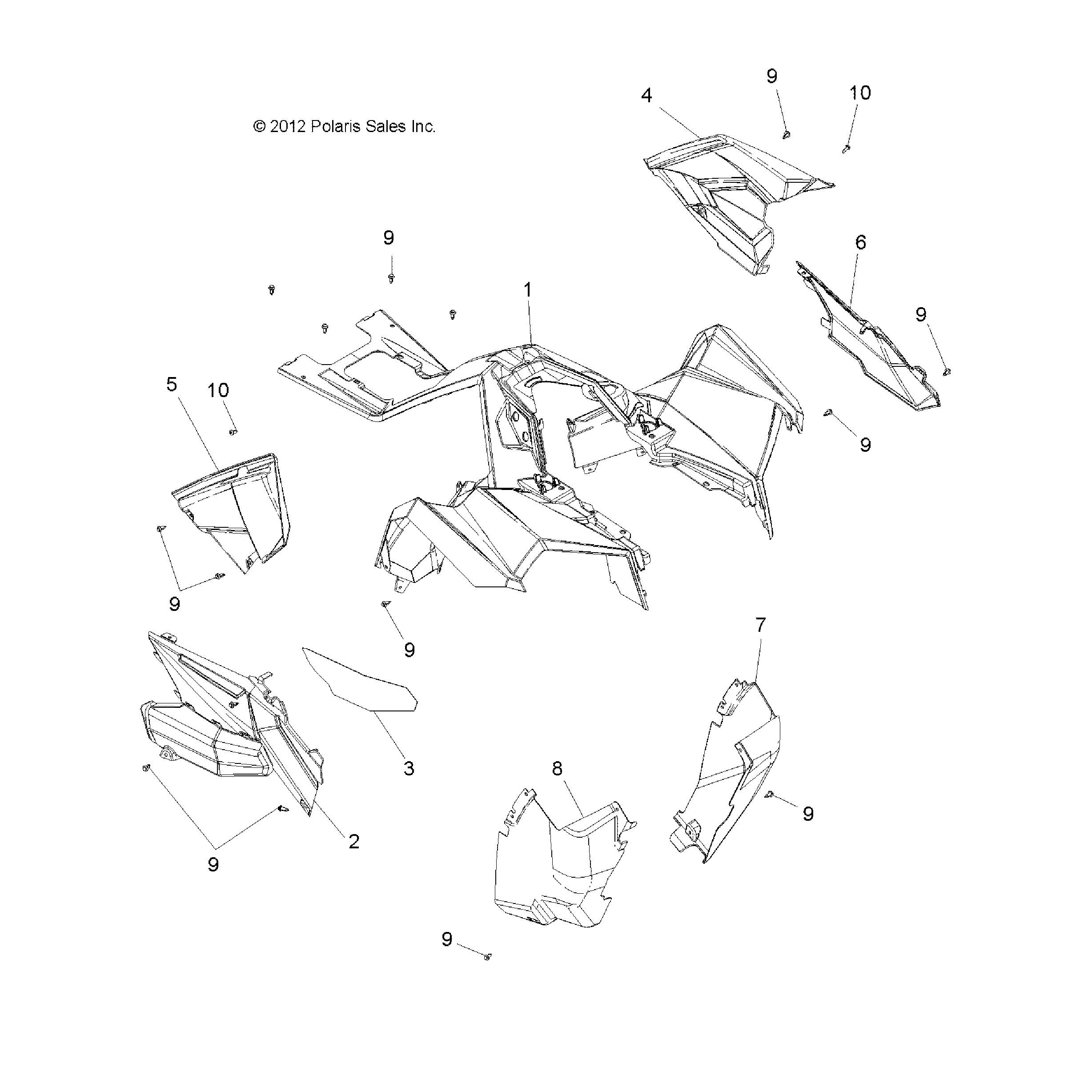 An Image of a Genuine Polaris Parts Schematic Diagram showing the schematic - BODY: FRONT CAB and SIDE PANELS - 2015 POLARIS SCRAMBLER XP 1000
