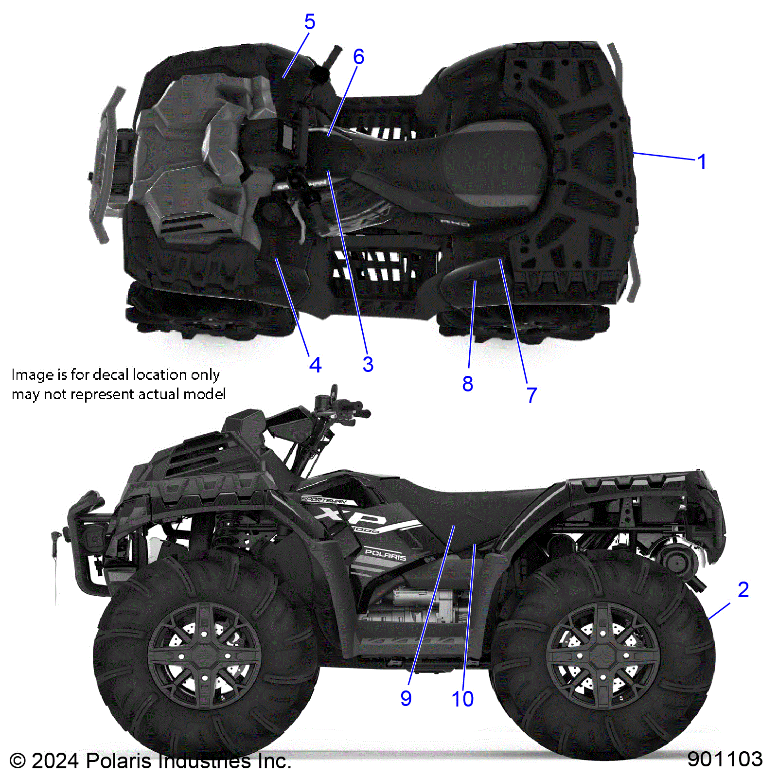 An Image of a Genuine Polaris Parts Schematic Diagram showing the schematic - BODY: DECALS STANDARD - 2025 POLARIS SPORTSMAN XP 1000 MUD