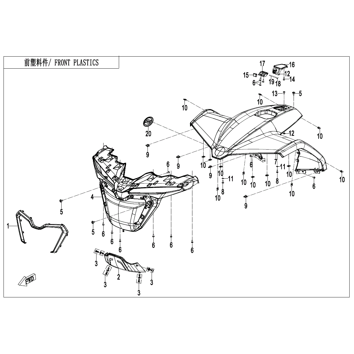 An Image of a genuine CFMOTO Parts Schematic Diagram showing the group - FRONT PLASTICS - 2024 CFMOTO CFORCE EV110