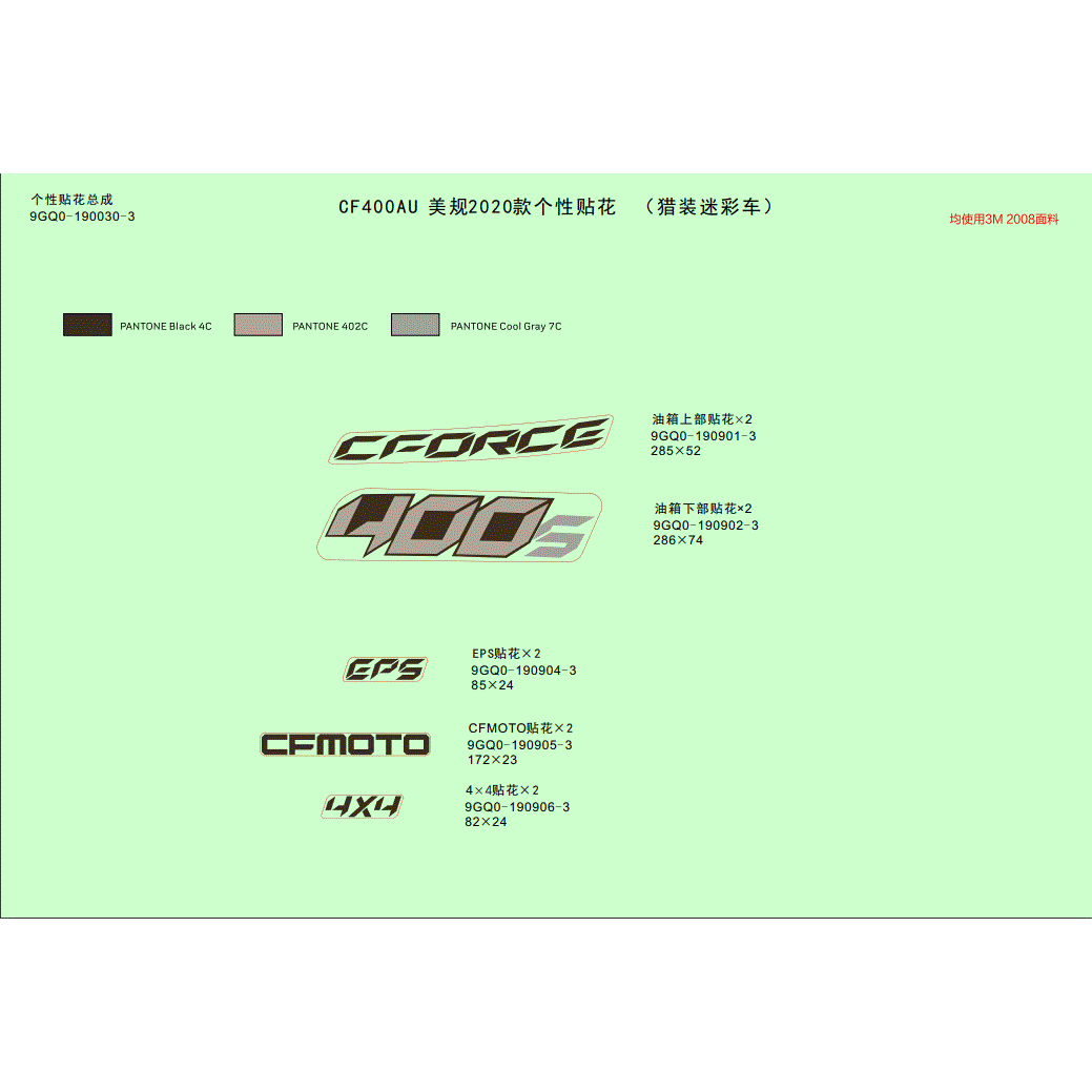 An Image of a genuine CFMOTO Parts Schematic Diagram showing the group - DECAL KITS (TRUE TIMBER CAMO) - 2020 CFMOTO CFORCE 400