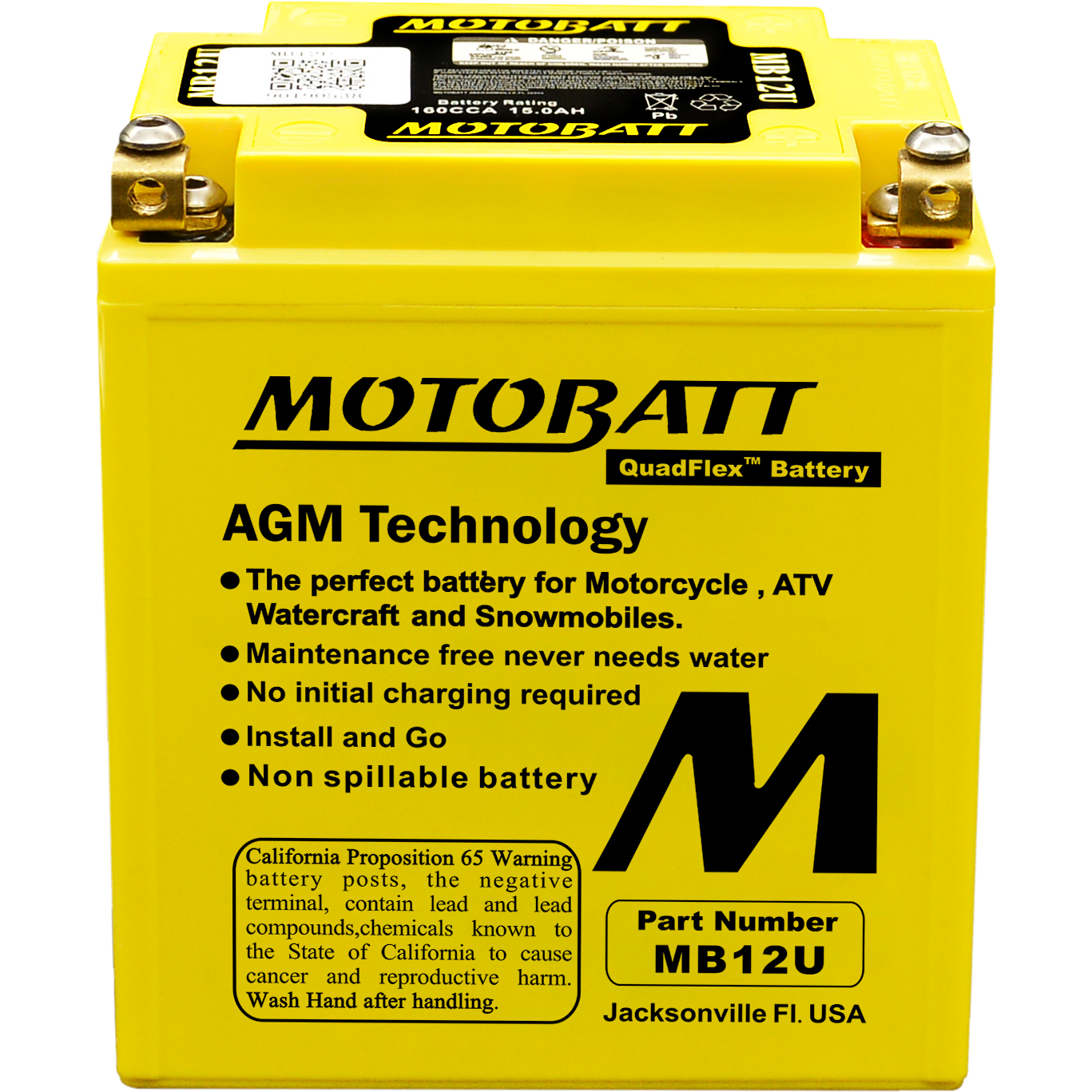The Mb12U Sealed Factory Activated AGM Battery by MotoBatt offers maintenance-free, non-spillable quadflex technology for motorcycles, ATVs, watercraft, and snowmobiles. Enjoy instant startup with no initial charging needed.