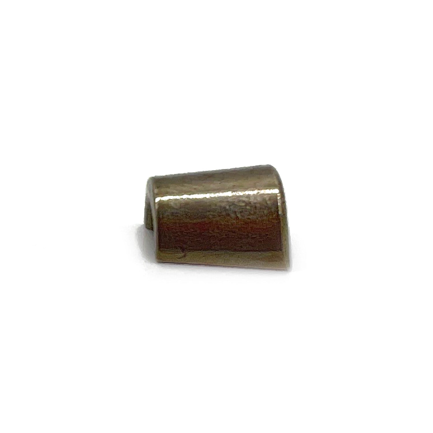 Small tapered metal valve stem retainer lock with a smooth, dark bronze finish.