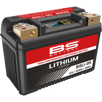 Compact rectangular black lithium battery with red and white label, brass terminals, and ribbed sides.