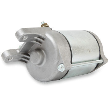 Silver cylindrical starter motor with mounting brackets and electrical connection terminals.