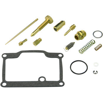 The Polaris Carburetor Repair Kit by Shindy includes gaskets, jet needle sets, float valves, jets, springs, seals, and metal fittings arranged on a white background.