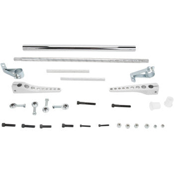 The Yamaha YZF Anti Roll Sway Bar by Dura Blue, featuring assorted metal hardware including rods, brackets, screws, bolts, nuts, and plastic parts, is neatly displayed on a white background.