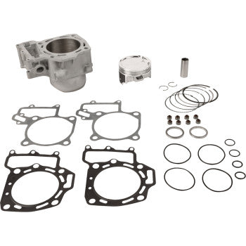 The Kawasaki Cylinder Kit Standard Bore 85.00 mm by Cylinder Works includes bolt-on cylinders, Vertex pistons, gaskets, O-rings, piston rings, wrist pin, and fasteners arranged neatly on a white background.