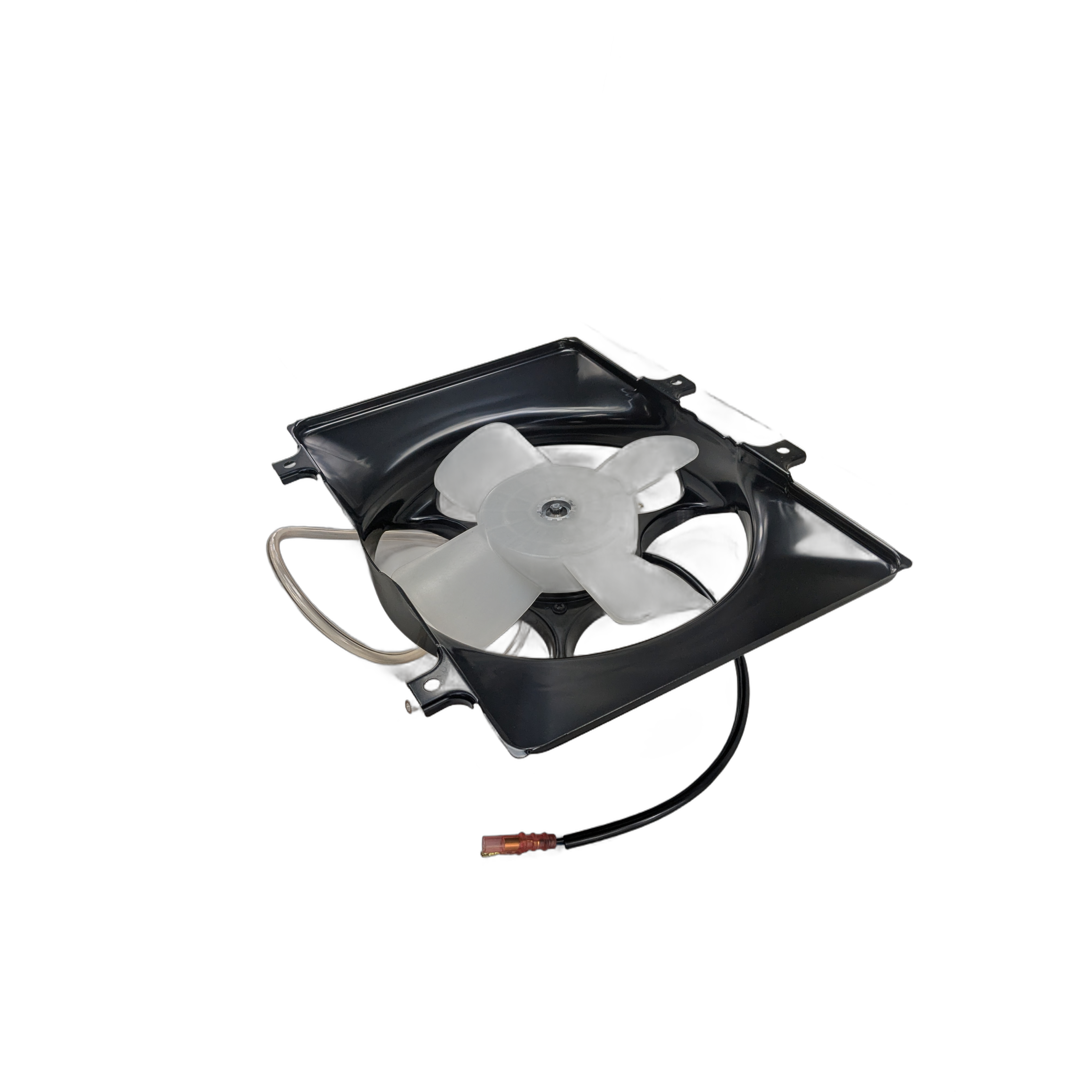 Black plastic fan assembly with five silver blades and attached wiring harness for Kawasaki UTVs.