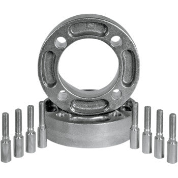 The Yamaha Wheel Spacer Easy Fit 1.5 4/110 Front & Rear Kit by Dura Blue is shown upright and stacked, with eight matching bolts arranged in front on a white background.