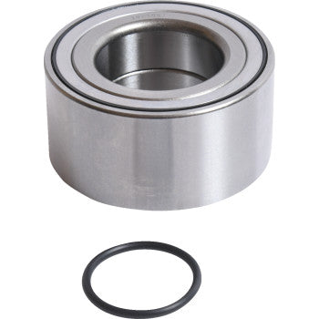 The Honda - Kawasaki Wheel Bearing Kit Tapered Double Angular Contact Front & Rear by Moose Offroad is displayed above a thin black O-ring seal, both set against a white background.