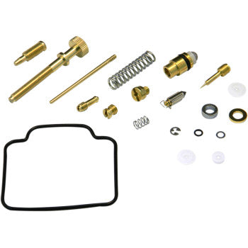 The Polaris Carburetor Repair Kit by Shindy includes jet needle sets, float valves, brass fittings, screws, springs, gaskets, O-rings, and small parts neatly arranged on a white background.