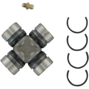 The Yamaha ATV Universal Joint by Epi includes a cross-shaped joint, four retaining clips, and a grease zerk for easy maintenance—ideal for OEM replacements—all displayed on a white background.