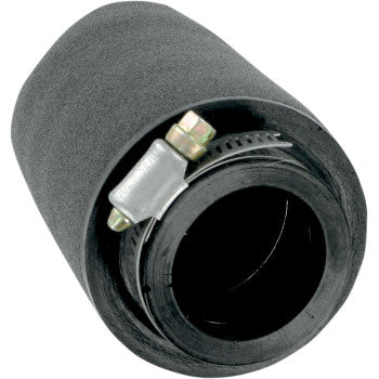 The Pod Air Filter Black Centered by Uni Filter features a seamless design for a tight seal, with a black rubber construction and an attached hose clamp to secure the filter at the end of a pipe.