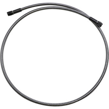 The KARBONFIBR Brake Line 42" by Magnum Shielding is a flexible, circular braided metal hose with a carbon fiber braid and black connectors at both ends, commonly used for brake system connections.