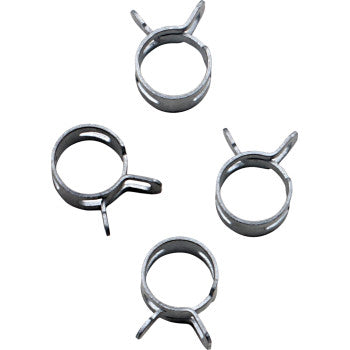 Four silver metal wire clamps from the All Balls Wire Clamp Refill Kit (4 Pack), each with two tabs, are arranged on a white background—ideal circular, open OEM-style clamps for securing hoses or tubes in any clamp kit.