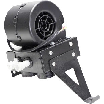 Compact black UTV cab heater with cylindrical fan housing and angular metal mounting bracket.