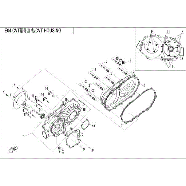 An Image of a genuine CFMOTO Parts Schematic Diagram showing the group - CVT HOUSE - 2015 CFMOTO CFORCE 500 HO