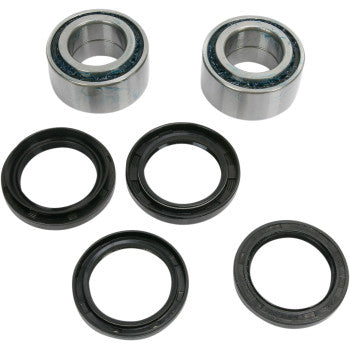 The Arctic Cat Wheel Bearing Kit Rear by Pivot Works includes two double-sealed ball bearings pre-filled with blue grease and four black rubber oil seals, all neatly arranged on a white background for reliable steering control.