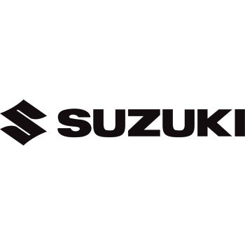 The image displays the Suzuki Die Cut Decal 3 09 by Factory Effex, featuring a bold, stylized S logo to the left and SUZUKI in black capital letters on the right—ideal for fans seeking a sleek vinyl decal.