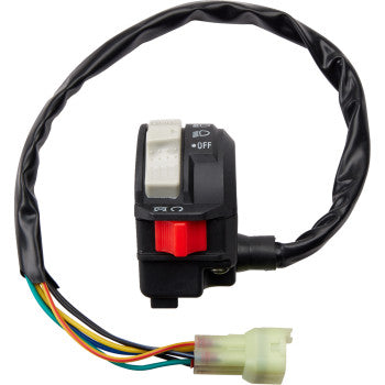 Black Yamaha switch block assembly with white toggle, red button, and multicolored wiring harness.