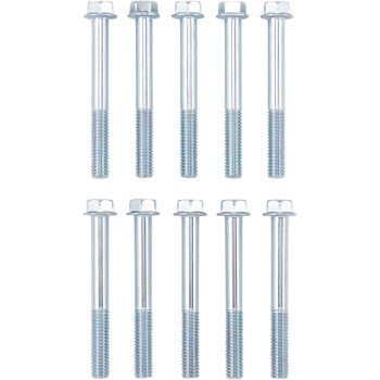 Ten Bolt Flange M6 x 50 bolts in a 10 pack are neatly arranged in two rows of five on a white background, perfect for bolt assortments or as replacement bolts.