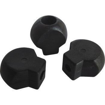 Three black, rounded Secondary Clutch Buttons by Moose Offroad, each with flat sides and central holes, displayed on a white background.