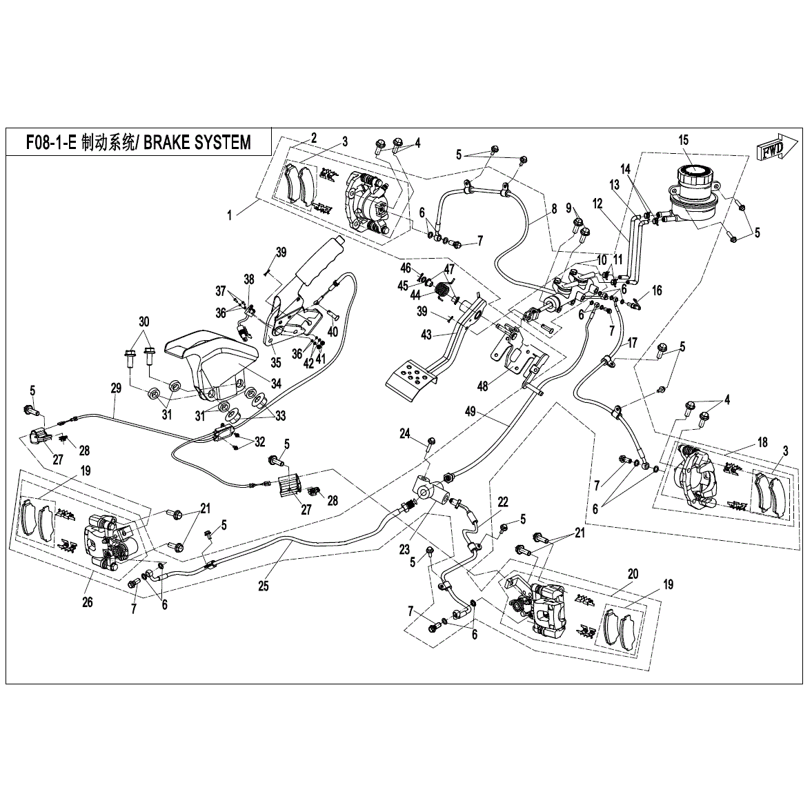 An Image of a Genuine CFMOTO Parts Schematic Diagram showing the schematic - BRAKE SYSTEM (SUMITOMO) - 2020 CFMOTO ZFORCE 800 EX