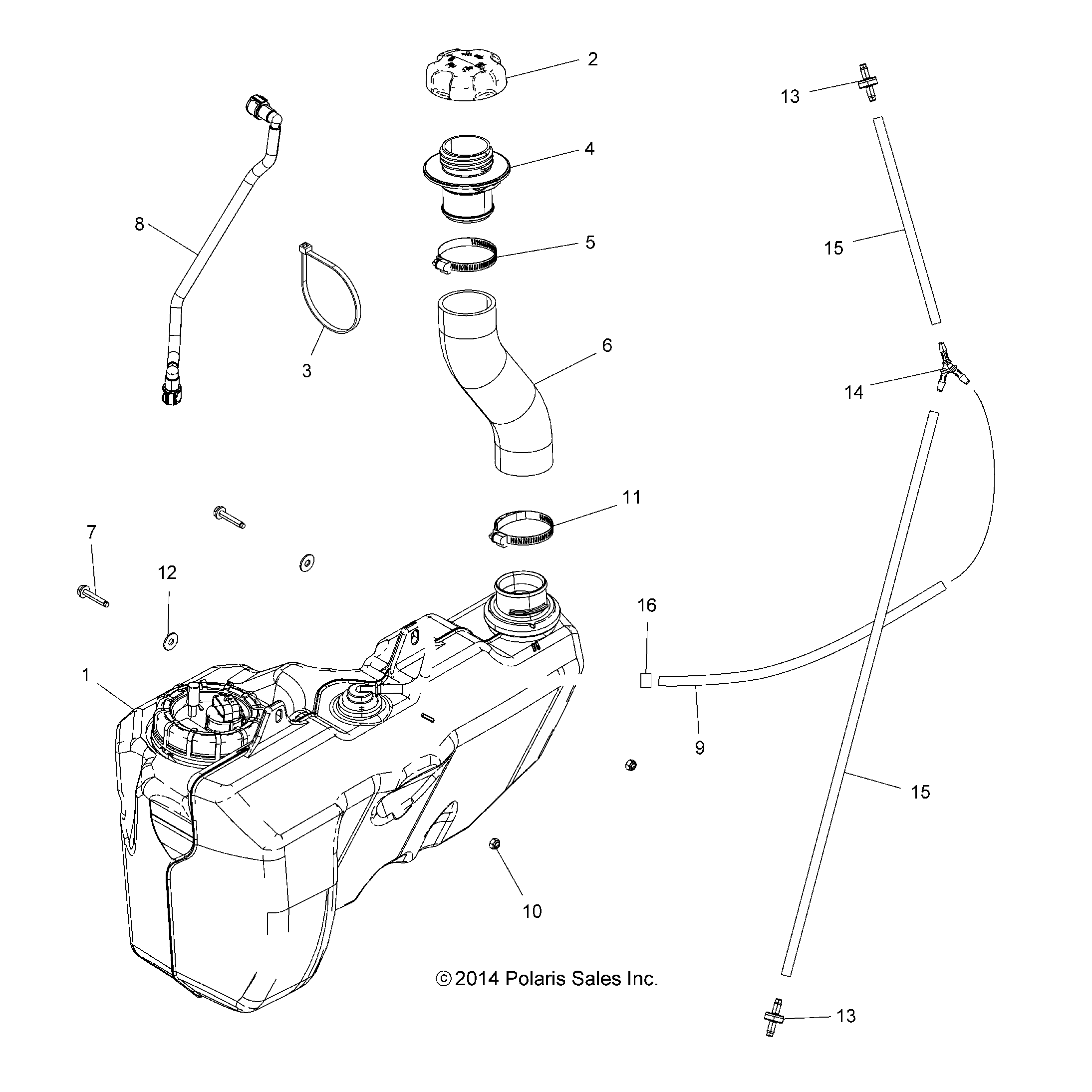An Image of a Genuine Polaris Parts Schematic Diagram showing the schematic - BODY: FUEL TANK - 2015 POLARIS SCRAMBLER 850