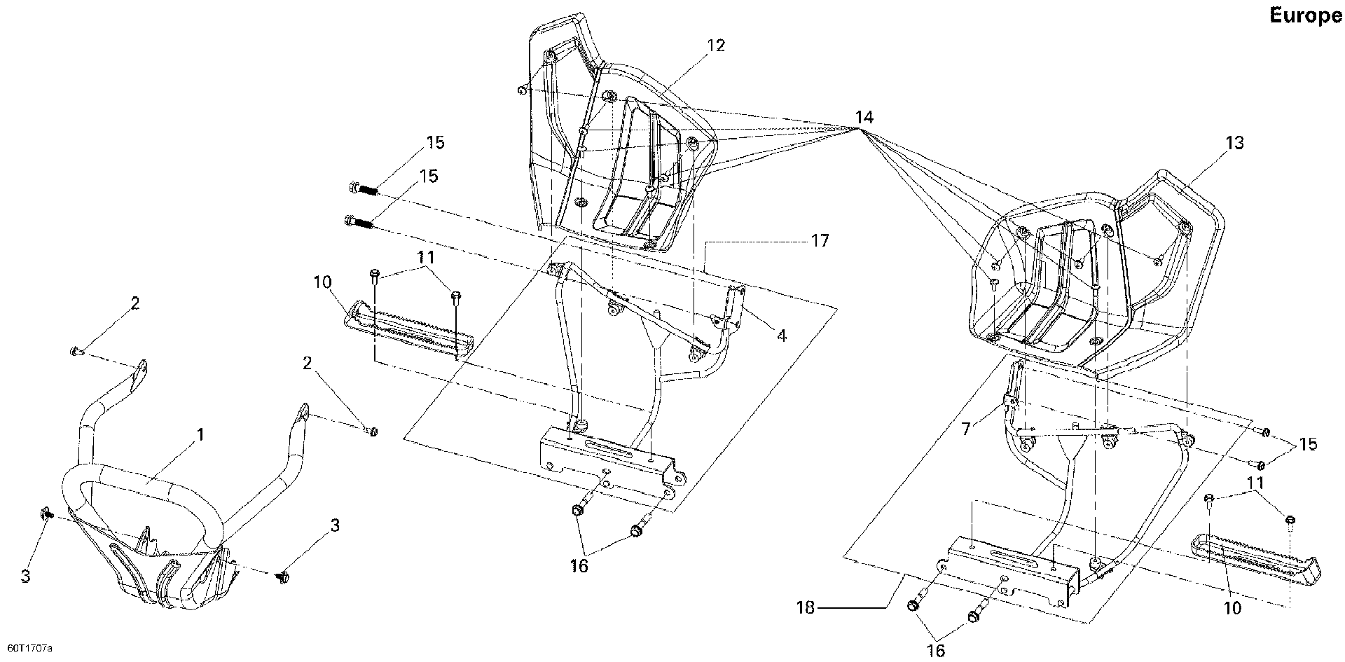 An Image of a Genuine Can-Am Parts Schematic Diagram showing the schematic - FRONT BUMPER AND FOOTRESTS  