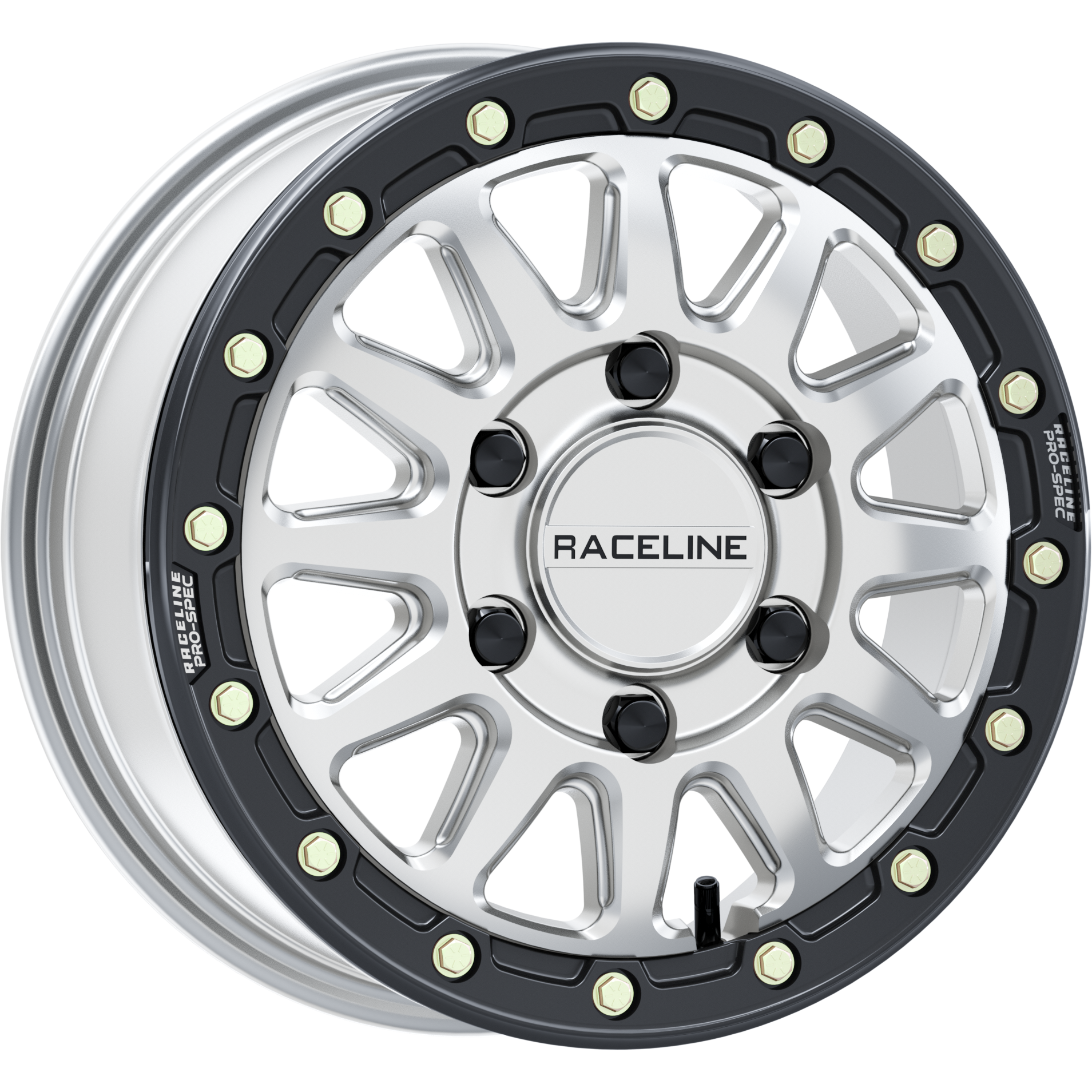 The ATV / UTV Alpha Beadlock 15X6.5 6/139.7 (+74mm) Silver/Black by Raceline features a silver finish, black accents, a 6x139.7 bolt pattern, and "Raceline" on the center cap, with stylish black details around the outer edge.