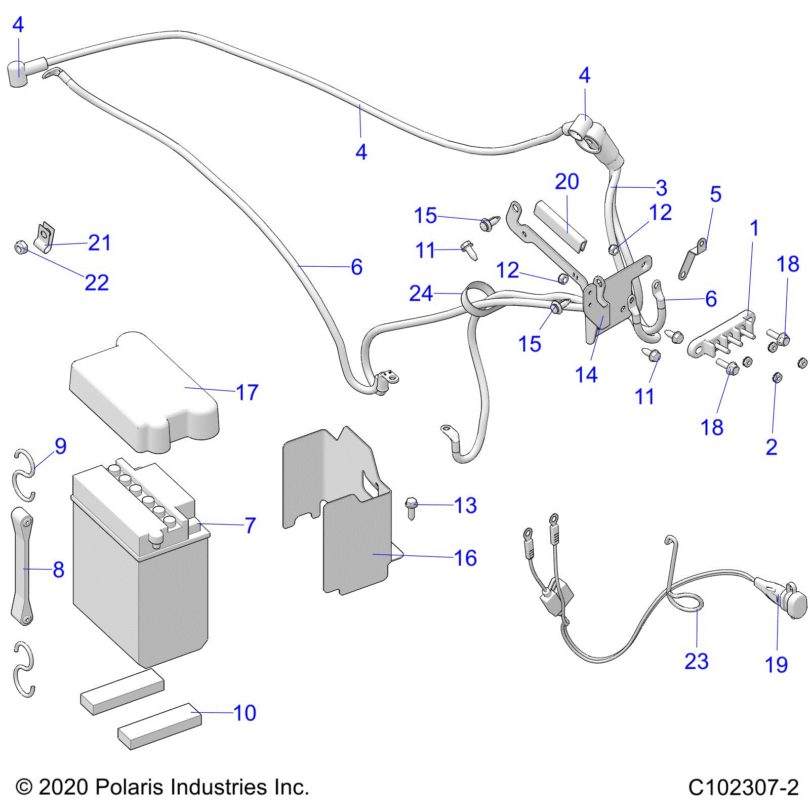 An Image of a Genuine Polaris Parts Schematic Diagram showing the schematic - ELECTRICAL: BATTERY - 2024 POLARIS SPORTSMAN TOURING 570 EPS