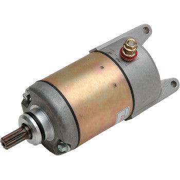 The Kawasaki Starter Motor by Ricks Motorsport Electric features a cylindrical metallic housing with visible mounting brackets, a gear-toothed shaft, top electrical terminals, and longer-life bearings for enhanced durability.