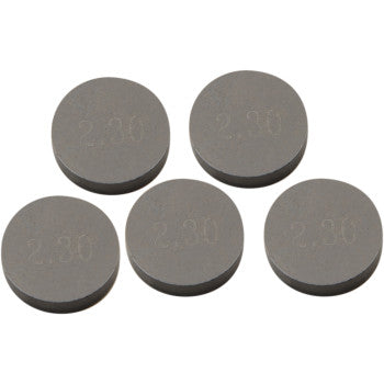 Five round, flat, gray metal Prox Valve Shims (9.48 mm x 2.30 mm) are closely arranged on a plain white background. Each disc in this 5-pack is precision machined with “2.30” engraved on its surface for maximum durability.
