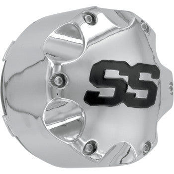 Upgrade your SS216 wheels with the Center Cap Replacement Wheel SS216 Chrome 4 156 by Itp, featuring a bold black SS logo and detailed chrome finish with multiple bolt accents.