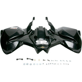 The Rear Fender Black by Maier, featuring a glossy angular design, is shown with mounting hardware—bolts, screws, washers, and brackets—arranged in front on a white background.