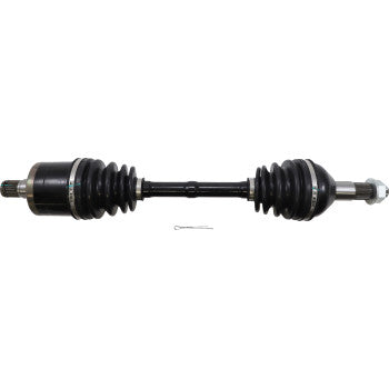 The Can-Am Outlander/Renegade Axle Kit Complete Standard Rear Left & Right Middle Left by Moose Offroad features a black chrome-moly steel CV shaft with rubber boots, precision-ground parts, a left metal joint, and a right nut on a white background.