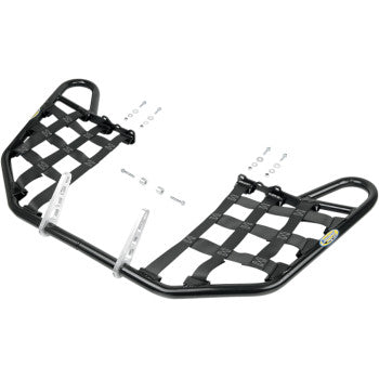 The Nerf Bars Honda TRX R Black by Motorsport Products feature webbed footrests, extruded aluminum tubing, and include mounting brackets, bolts, and washers. Shown on a white background.