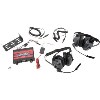 The Communication System Behind the Head Headset Black by Navatlas includes two noise-cancelling headsets with microphones, a control unit, mounting bracket, coiled cables, wiring, and connectors—all displayed on a white background.