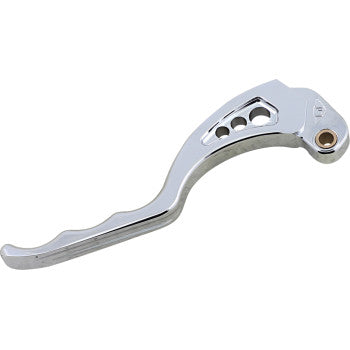 The Clutch Lever - Chrome by Joker Machine features billet aluminum construction, a shiny chrome finish, three circular holes, and an ergonomic contoured design for your motorcycle.