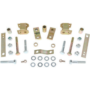 The Lift Kit Front Back 2.00 by High Lifter includes bolts, nuts, washers, brackets, and spacers—perfect for increasing ATV clearance—displayed neatly on a white background.