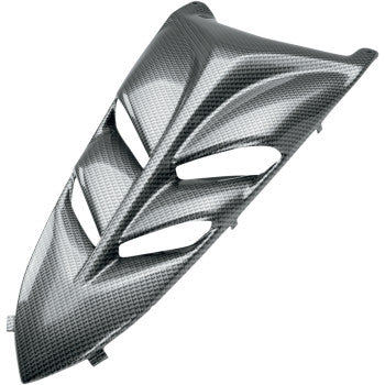 The Hood Cover YFM350R Black Carbon Fiber by Maier features a textured pattern, angular vents, and vacuum-formed construction for aerodynamic efficiency and lightweight protection.
