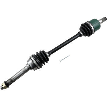 Black metal front CV axle shaft with rubber boots, green housing on one end and splined shaft on the other.