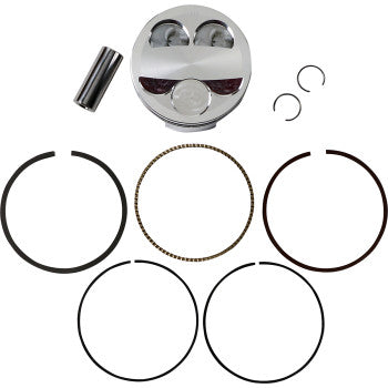 The Piston Kit by JE Pistons, shown on a white background, includes a forged aluminum pro series piston, piston pin, two circlips, and five assorted piston rings arranged below.