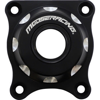 The Polaris Differential Pinion Cover by Moose Offroad is a black, square billet aluminum cover with a central circular hole, four corner mounting holes, silver-edged circle, and “MOOSE RACING” in white on the top curve.