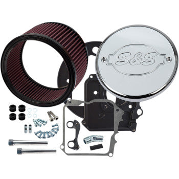The Air Cleaner Kit with Cover - S&S Logo - Chrome by S&S Cycle includes a high flow air filter, chrome cover, gaskets, screws, bolts, and all required mounting hardware neatly arranged on a white background.