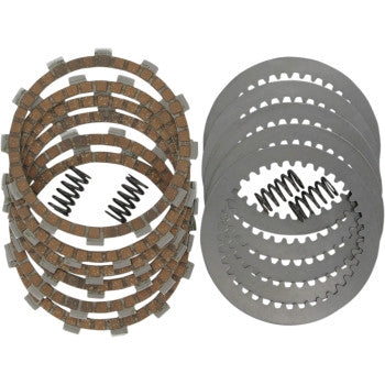 The Dp Brakes Clutch Kit for off-road bikes features brown friction plates on the left, silver steel plates on the right, and three metal springs arranged in the center.