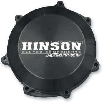 The Yamaha Clutch Cover by Hinson Racing is a black, circular billet aluminum cover with edge bolt holes and the white Hinson Clutch Components logo centered; it’s race proven for durability and style.