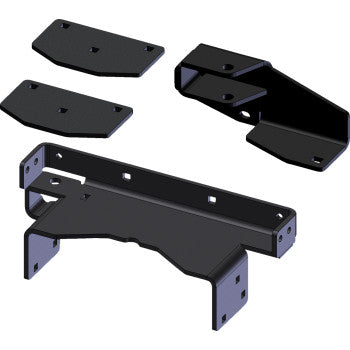 Digital rendering of four black metal brackets and plates with screw holes on a white background. These are components from the UTV Pro 2.0 Actuator Bracket Kit Track by Kfi Products, designed for plow angle adjustment or similar assemblies.